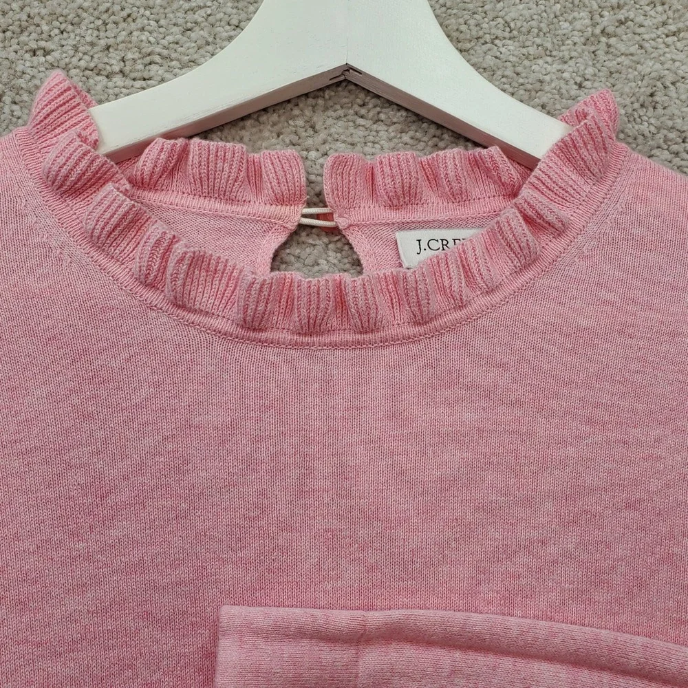 J.Crew Sweater Womens Medium Pink Cotton Long Sleeve Ruffle Neck Keyhole Back - Picture 3 of 10